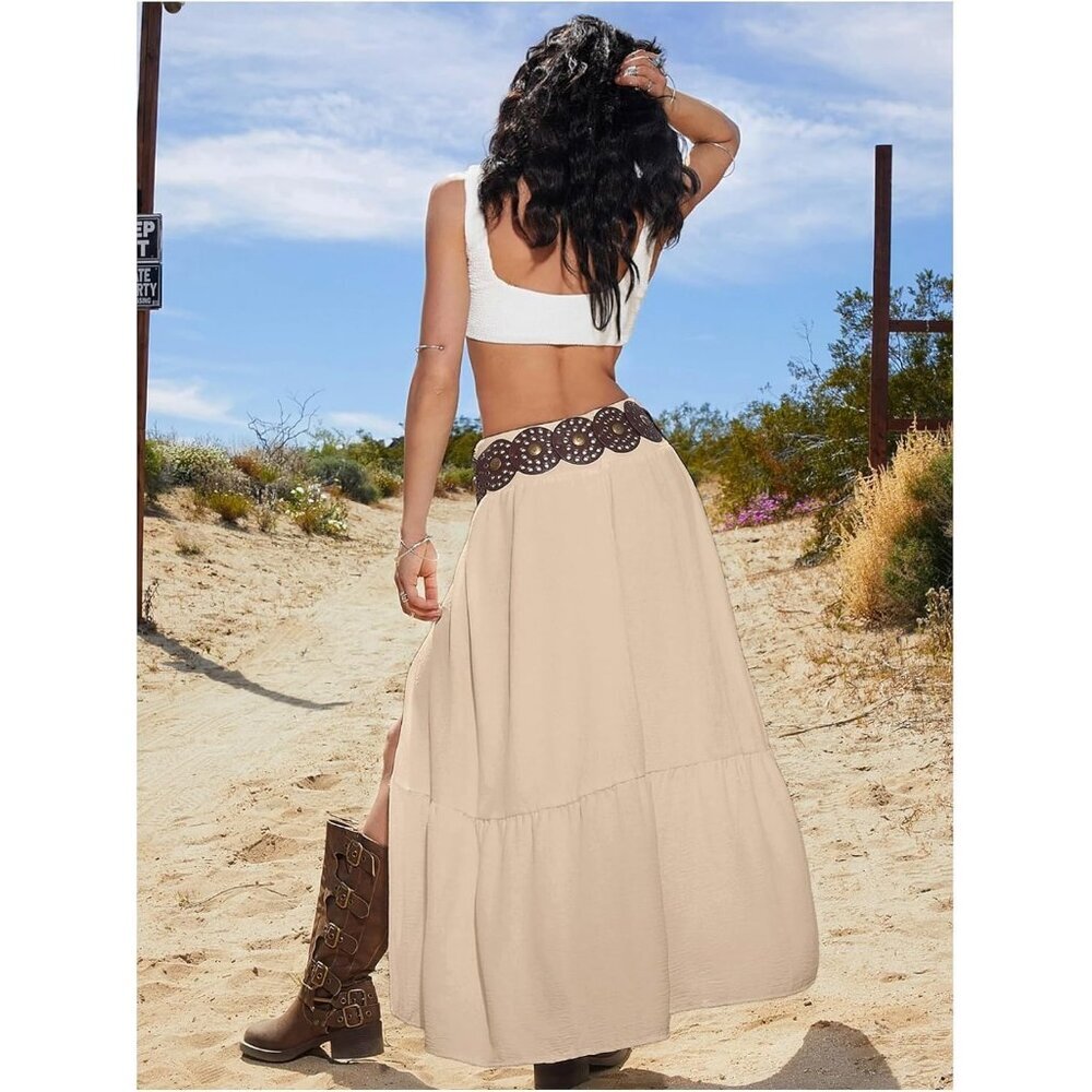 Women's Boho Western Low Rise Maxi Skirt Ruffle High Slit Cowgirl Skirts Green - Picture 2 of 5